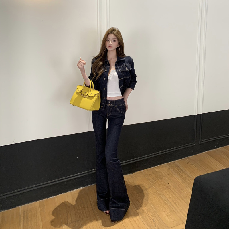 2025 Real Shot Denim Suit Two-Piece Elegant Korean Style Short Slim Top Jacket Flared Pants Trendy