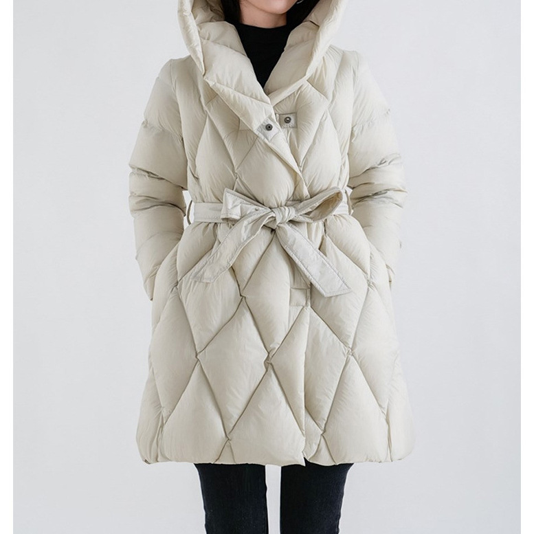 高端95白鹅绒羽绒服面包服女款菱格中长款鹅绒服平湖女装白色连帽