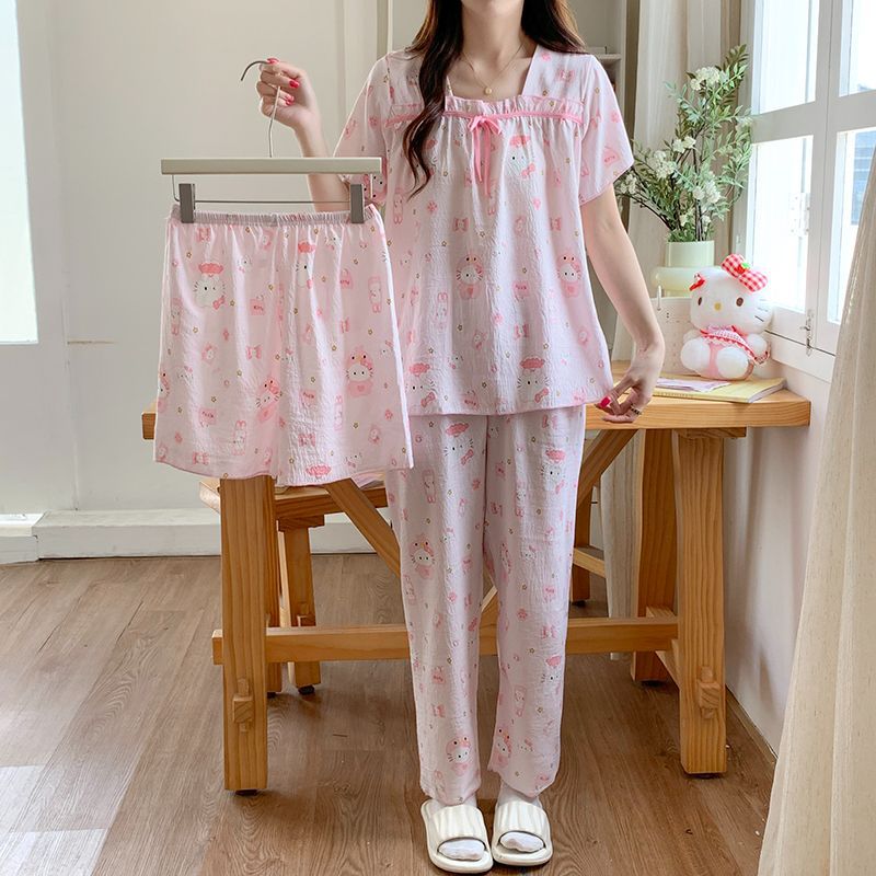 Hellokitty verano nuevo estilo doble pantalones cortos pijamas de tres piezas nube mujer algodón transpirable cuello cuadrado dulce y fresco