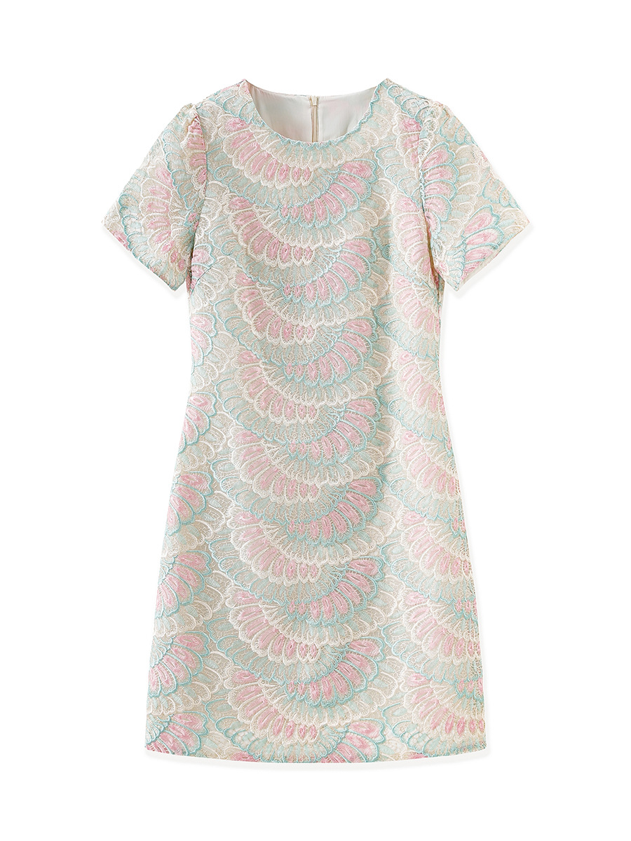 Váy maxi nữ thêu họa tiết lông vũ organza tay ngắn — mơ