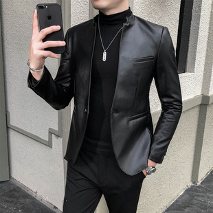 Spring and Autum Small Suit Men's Korean Style Trendyy Slim Jacket Pu Leather Suit Casual Handsome Stand-Up Collar Men's Leather Jacket