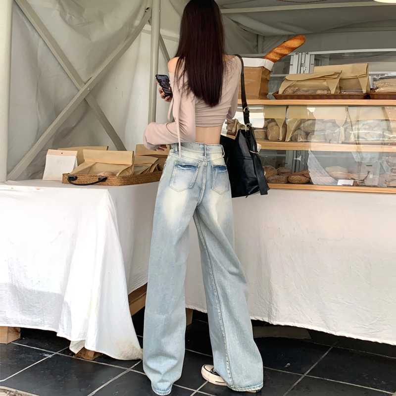 レディース ヴィンテージ風 ハイウエスト ワイドレッグジーンズ ゆったり 着痩せ効果 ストレートパンツ マキシ丈パンツ|undefined