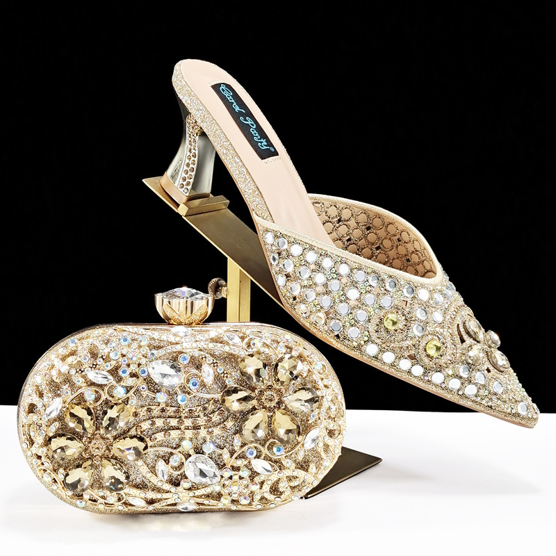 Pointed-Toe Hollow-Out Full-Studded Sandals for Women, Matching Full-Studded Clutch Bag, Wedding Shoe and Bag Set, Cross-Border Supply