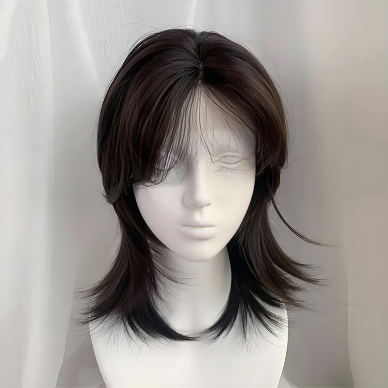 Wig with Wolf Tail Mullet Style, Lace Front, Layered Short Straight Hair, Silver Gray, Wholesale Mullet Wig