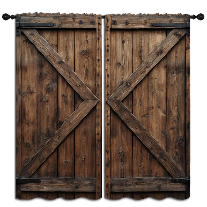 Cross-Border Rustic Farmhouse-Style Old Wood Door Digital Printed Curtains, Custom-Made with Your Own Pictures and Samples, Specially Designed for Bedrooms and Living Rooms, Wholesale from the Manufacturer