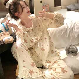 2026早春新款韩系甜美少女可爱小熊蕾丝花边宫廷风家居服睡衣套装