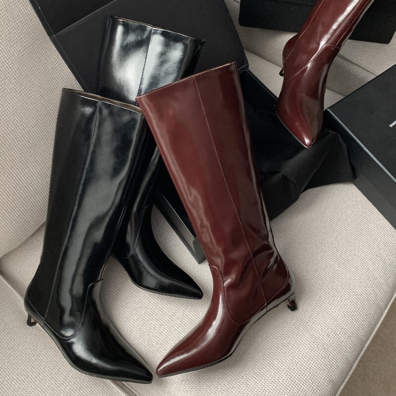 2024 new two-layer cowhide pointed thin heel Korean knee-high boots 3.5CM kitten with simple knight boots for women