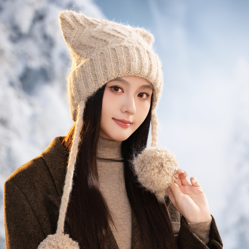 韩系甜美百搭猫耳毛线帽冬季帽子女加厚纯色针织帽户外防寒护耳帽|undefined