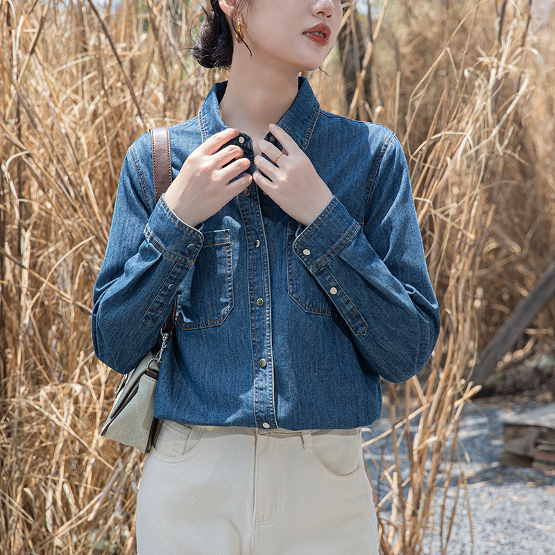 Vintage Blue Soft Denim Shirt for Women, New Autumn Style, Non-Curling Inner Layering Shirt, Petite Versatile Top