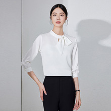 雪纺衬衫女2025新款中袖白色宽松百搭系带衬衣专卖店柜姐导购工装
