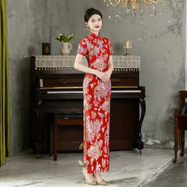 中国风斜襟盘扣改良旗袍优雅气质短袖收腰显瘦刺绣开衩连衣裙女夏