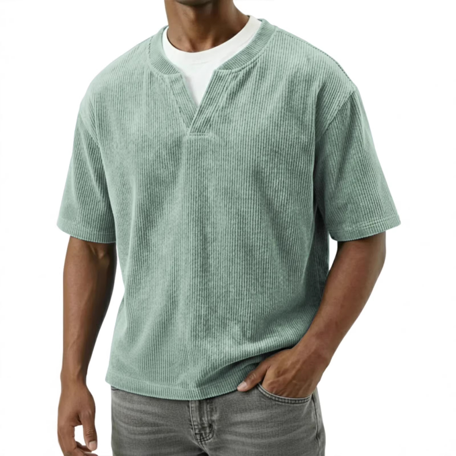 T-shirt casual da uomo a maniche corte, doppio colletto, finto velluto a coste, bianca e nera, primavera/estate, stile europeo/americano, cotone, pezzo unico_voghion.com