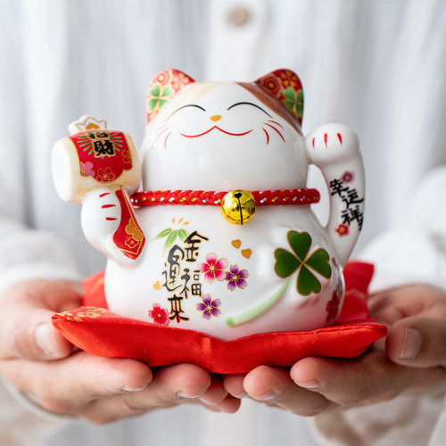 Lucky Cat Figurine Small Store Opening Gift Ceramic Cute Creative Savings Bank Cashier Counter 5-inch