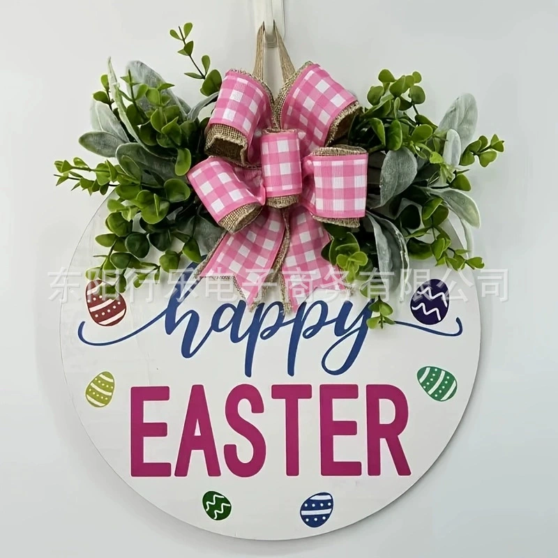Трансграничный новый пасхальный счастливый деревянный бренд розовый клетчатый бант логотип дома деревянный подвесной декоративный реквизит
