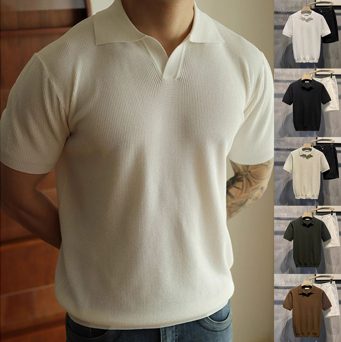 Polo camiseta de punto camiseta de manga corta camiseta hombre gaviota cuello V textural viejo dinero viento hielo seda fábrica transfronteriza al por mayor
