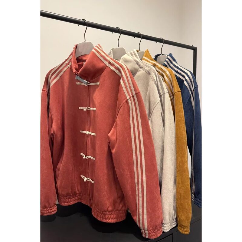 New Chinese-Style Three-Stripe National Style Casual Jacket with Button Closure for Men, Spring and Autumn Season, High-End Stand Collar Baseball Sports Jacket