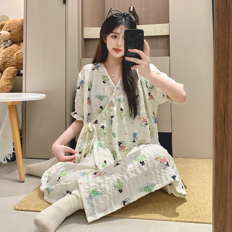산후 의류 여름 신작 우븐 클라우드 코튼 영구 체크 무늬 반팔 기모노 스커트 산후 여성용 원피스 드롭 배송 무료 배송