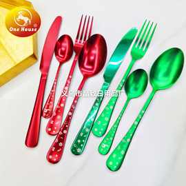 晶致201不锈钢刀叉勺餐具创意不锈钢圣诞4pcs餐具彩色礼盒套装