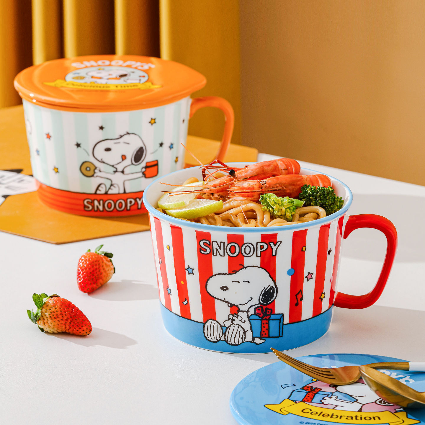Snoopy co-marcado bol de fideos de cerámica, polvo de caracol, bol de microondas, gran capacidad, manejo de una sola oreja, caricatura para mujeres