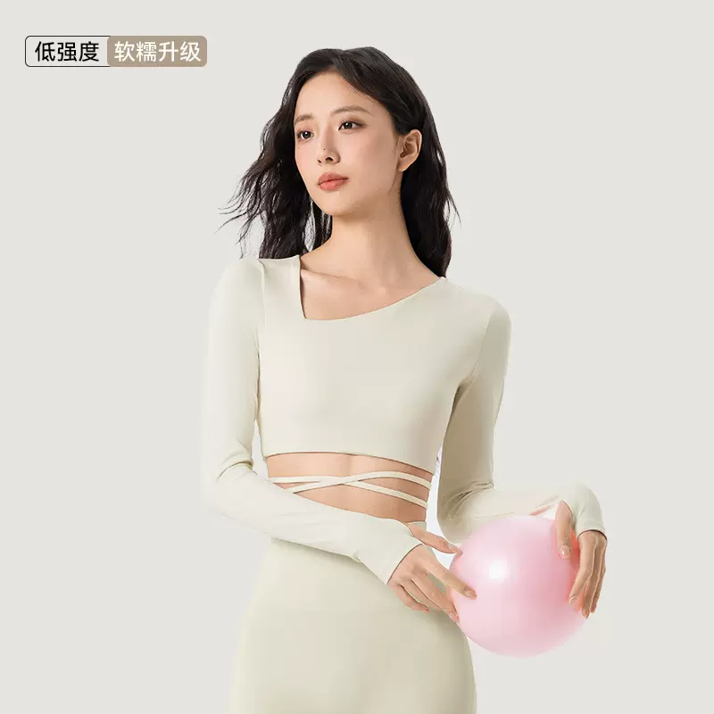 跨境短款正肩瑜伽服长袖女斜领绑带运动上衣带胸垫修身显瘦健身服