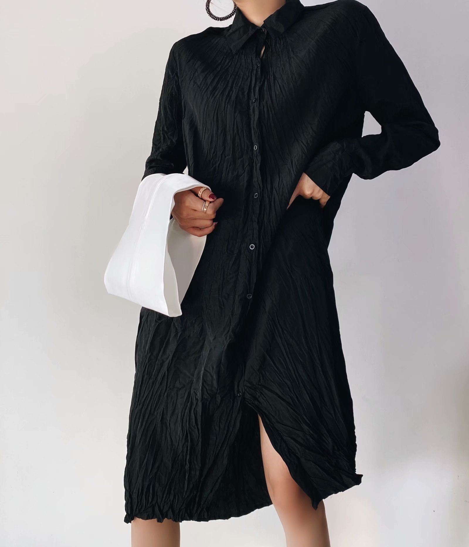 waist closure lapel long sleeve dress  NSAM23072