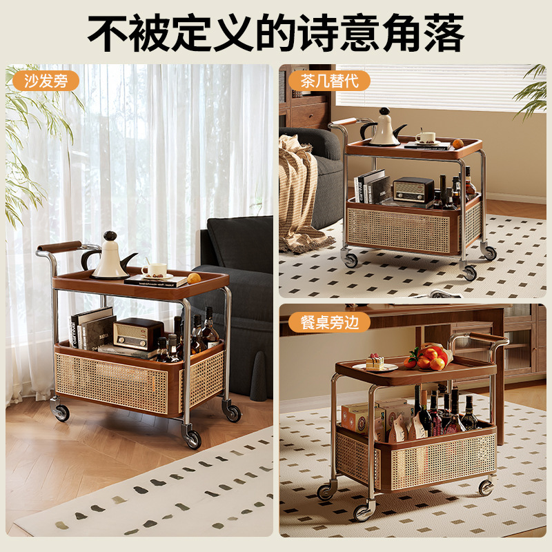 Mesa lateral móvil, carrito pequeño, sofá de sala de estar, mesa de centro, nuevo estilo antiguo, estante de almacenamiento de cocina de madera maciza, vagón comedor