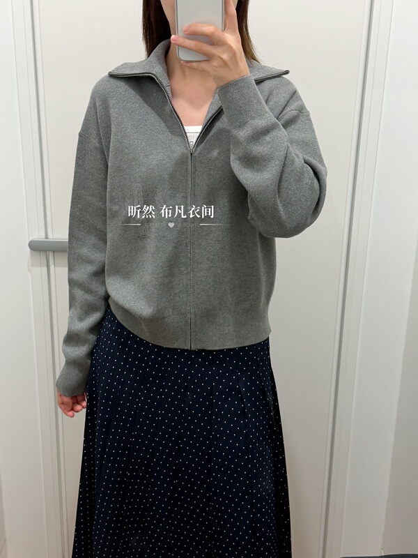 Smooth cotton zippered knitted cardigan, loose long-sleeved, turn-down collar, casual sweater, women's coat 487005