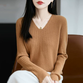 跨境V领坑条针织打底衫女新款简约纯色基础款内搭套头毛衣长袖上