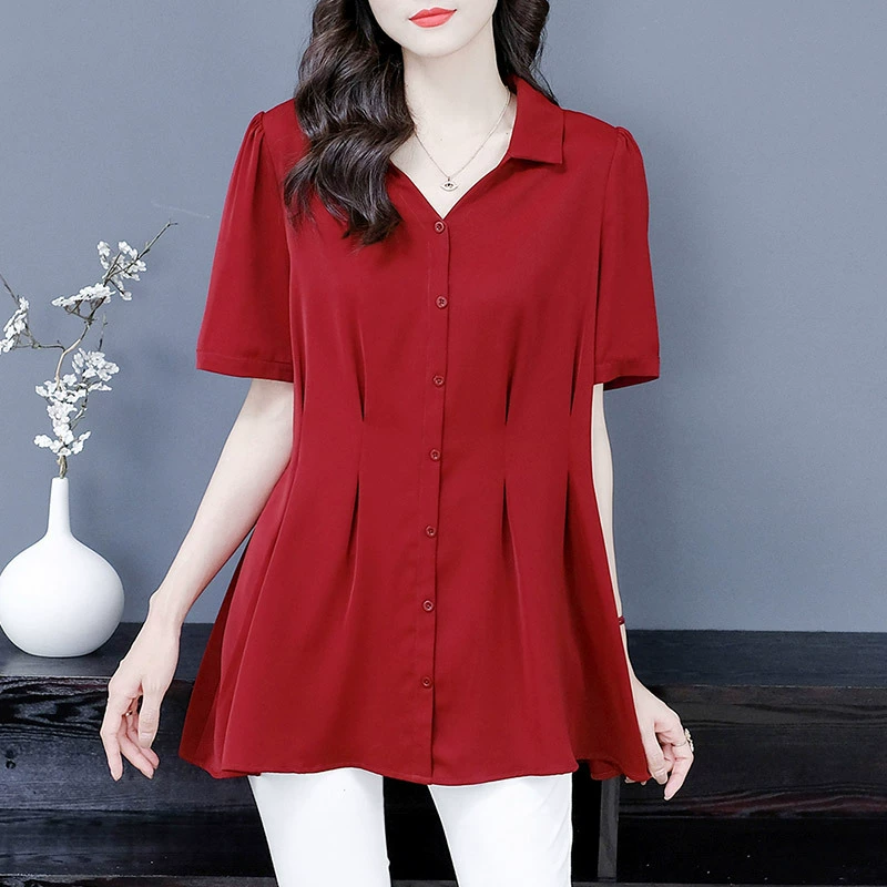 Летняя свободная приталенная шифоновая рубашка с короткими рукавами и узкой талией, элегантная шифоновая рубашка для мам, женская одежда среднего возраста больших размеров