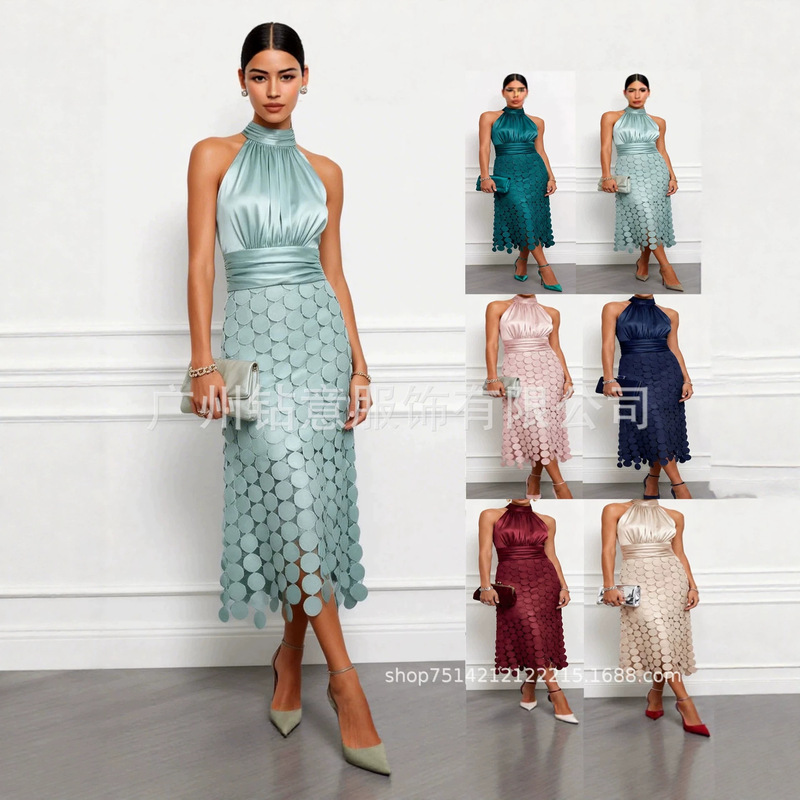 New cross-border foreign trade European and American women's spring-summer hot-selling solid color satin spliced sleeveless waist-cinching halter neck long dress