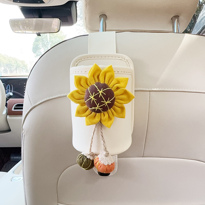 Qìchē – Car cup holder/beverage holder Back Organizer - beige-leather-cup-holder-with-hook-sunflower