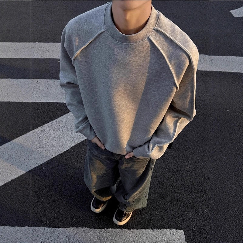 American Retro Spliced Round Neck Heavyweight Sweatshirt for Men, Spring and Autumn Design, Heavyweight Base Shirt, Cleanfit Long Sleeve Trendy