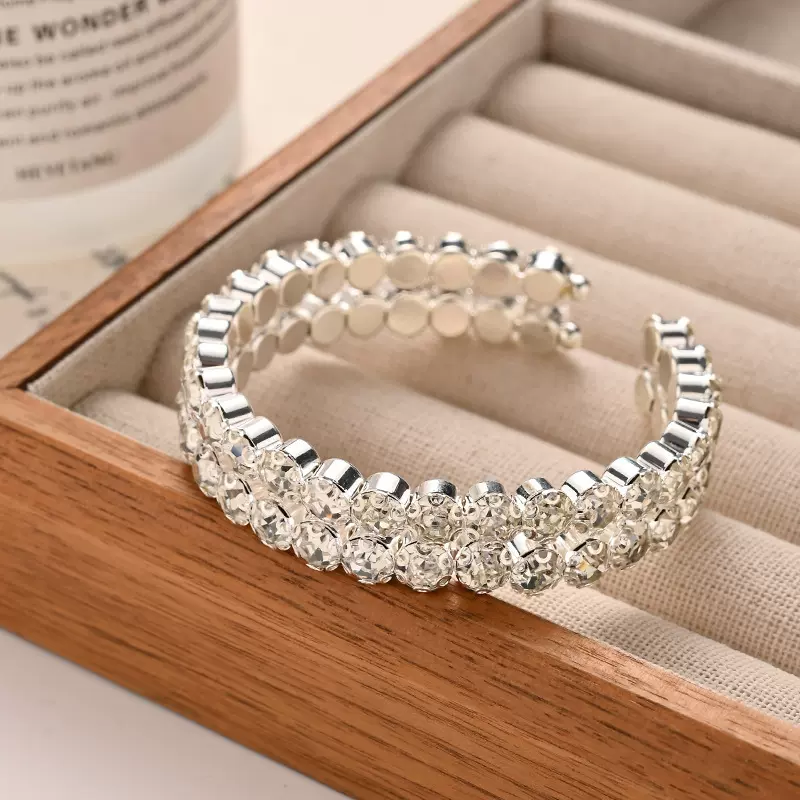 跨境热销饰品满钻弹力手镯双排大号水钻手链婚礼首饰宽开口手镯