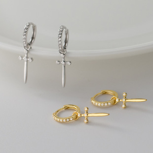Nalan S925 sterling silver Japanese and Korean cool style personalized design diamond cross dagger earrings M05574