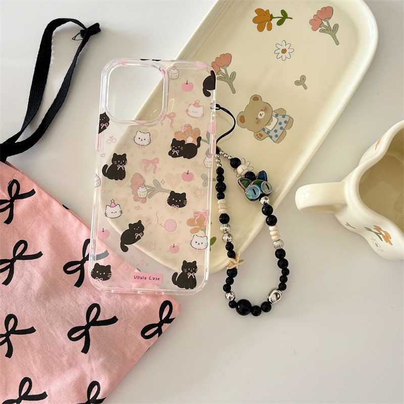 Ins viento láser amor lindo pequeño gato negro adecuado 16ProMax pulsera iphone15 funda para teléfono móvil Apple 14P