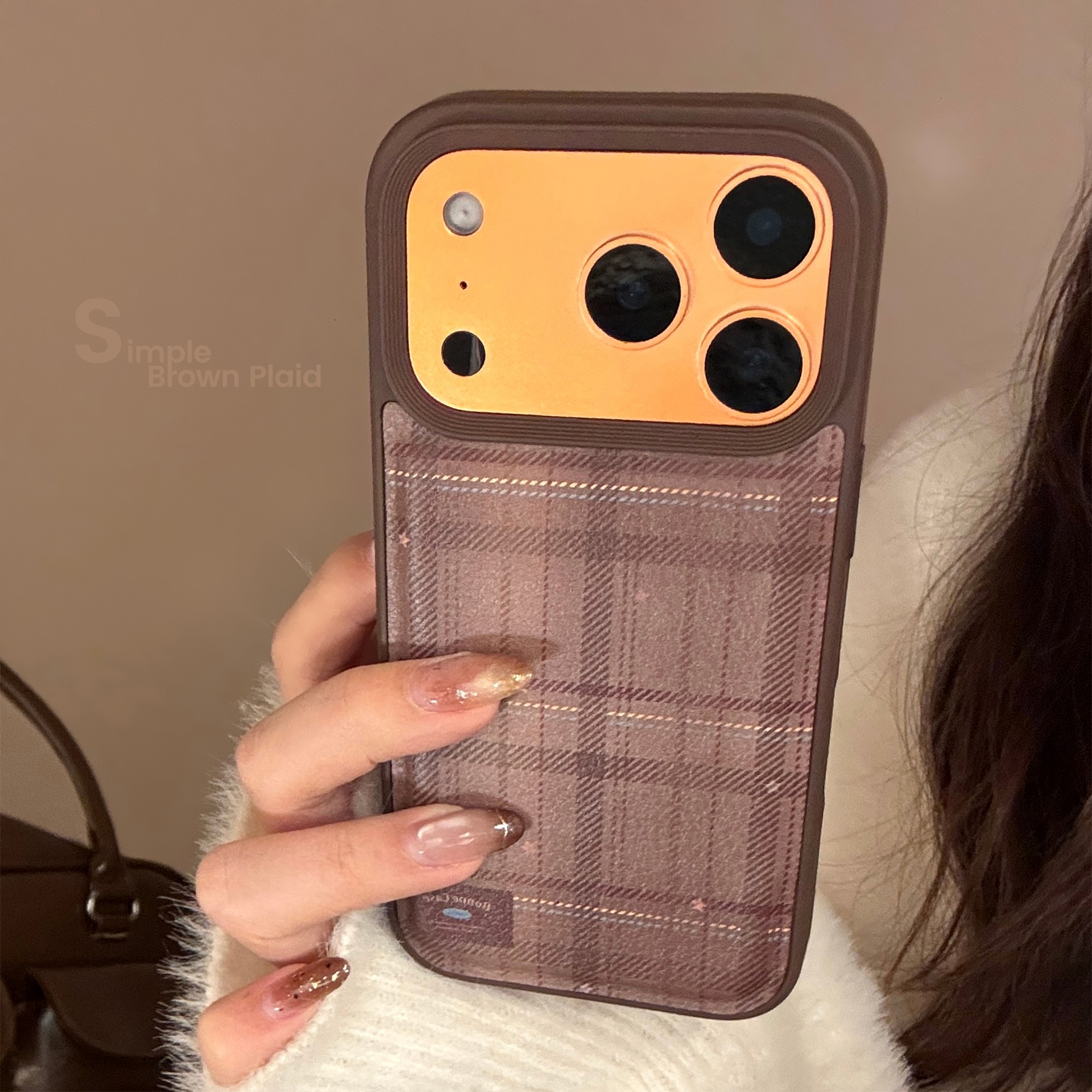 Vintage Leder-Handyhülle mit Fruchtmotiv für iPhone 17 Pro Max, haselnussbraunes Karomuster, kompatibel mit iPhone 16, 15, 13, 11_voghion.com