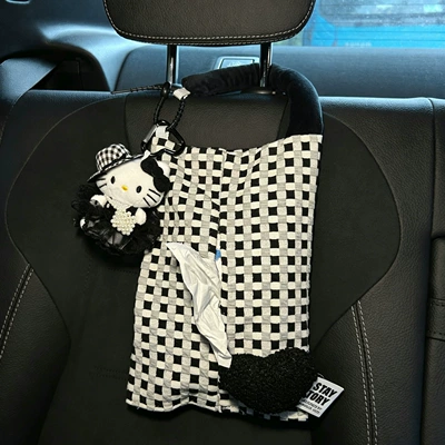 Chanel-Style Heavy-Duty Kt Cat Car Car tissue box/set - black-straw-hat-black-gauze-skirt-pearl-bag-little-black-cat-heart-black-and-white-small-plaid-bag