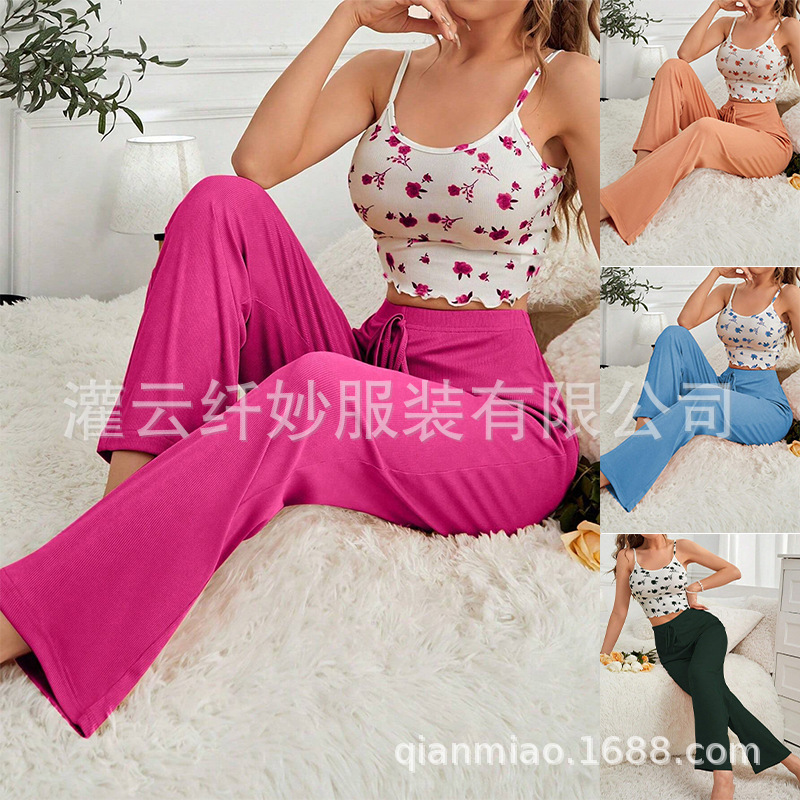 Foreign Trade European and American Style Jacquard Pit Strips Spring and Summer New Home Wear Vacation Casual Pajamas Women's Suit Can Be Worn Outside