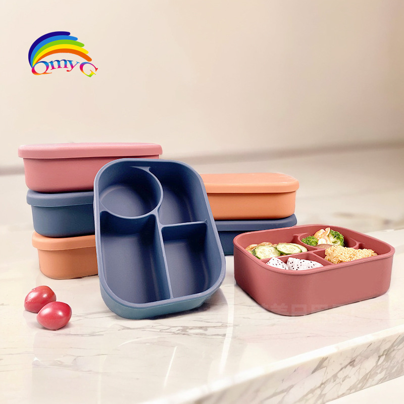 跨境新款食品级硅胶饭盒 微波炉加热保鲜盒收纳盒 分隔午餐便当盒