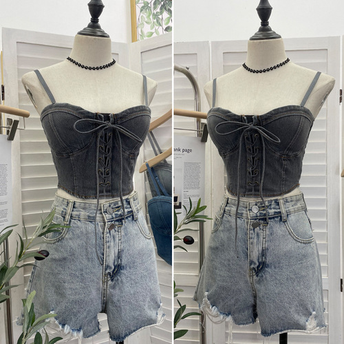 Actual shot of a denim vest with chest pads, adjustable shoulder straps, and a bow tie short suspender tube top 2597