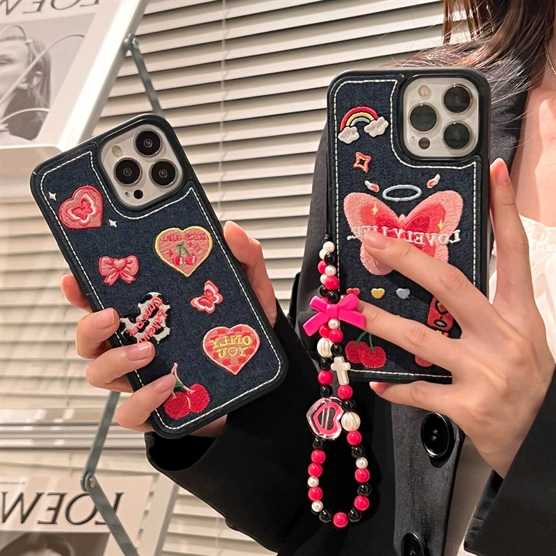Y2K Denim Embroidered Heart Butterfly Suitable for iPhone 17 Pro Max Apple 16 Phone Case 15/14 Female 13
