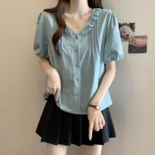 大码设计感纽扣正肩V领短袖褶皱t恤衣女夏季新款胖MM宽松显瘦上衣