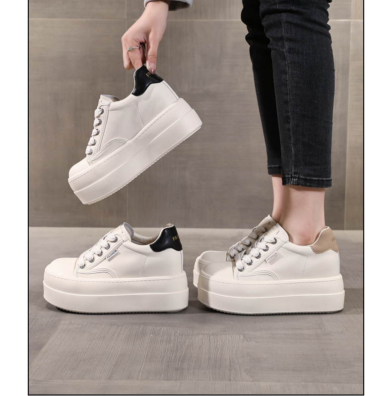Giày sneaker nữ đế dày tăng chiều cao, phong cách trượt ván, đế mềm — Màu đen be chi tiết 17