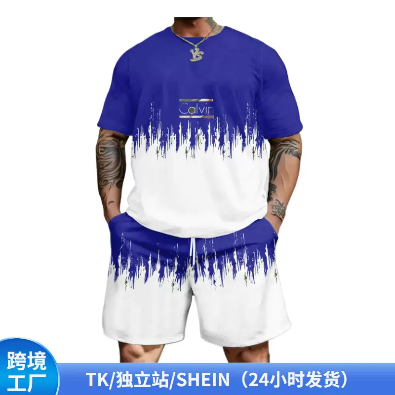 跨境temu数码印花短袖短裤套装男热销渐变色休闲运动夏季两件套