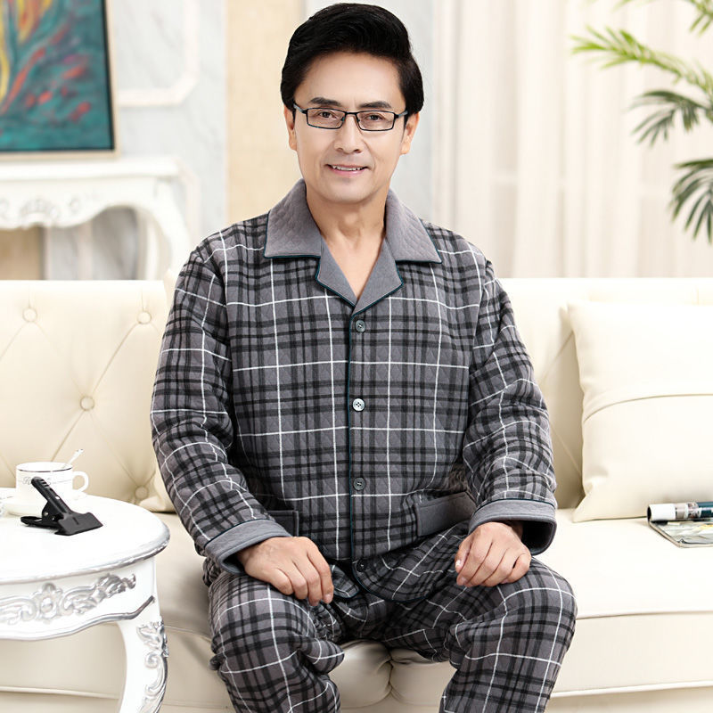 Algodón de aire pijama hombre otoño invierno de mediana edad ropa de hogar sándwich primavera y otoño engrosado conjunto de papá