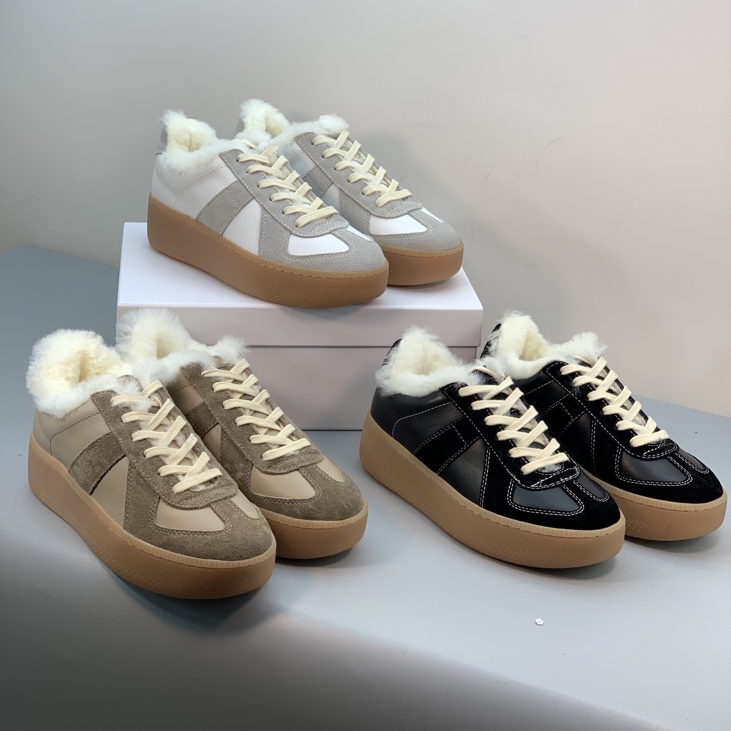 外贸原单2025新款真皮厚底羊毛德训鞋女加绒保暖棉鞋系带休闲鞋女