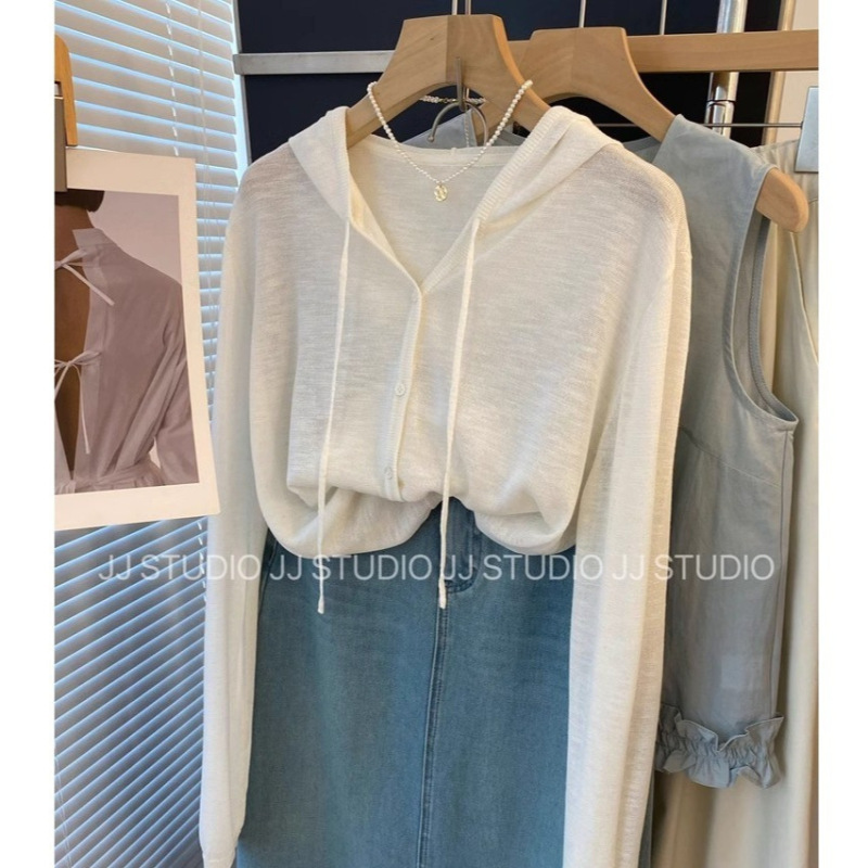 Korean Style Casual Korean Dongdaemun Solid Color Hooded Loose Knit Cardigan for Women Thin Jacket Korean Style Casual Korean Dongdaemun Solid Color Hooded Loose Knit Cardigan for Women Thin Jacket