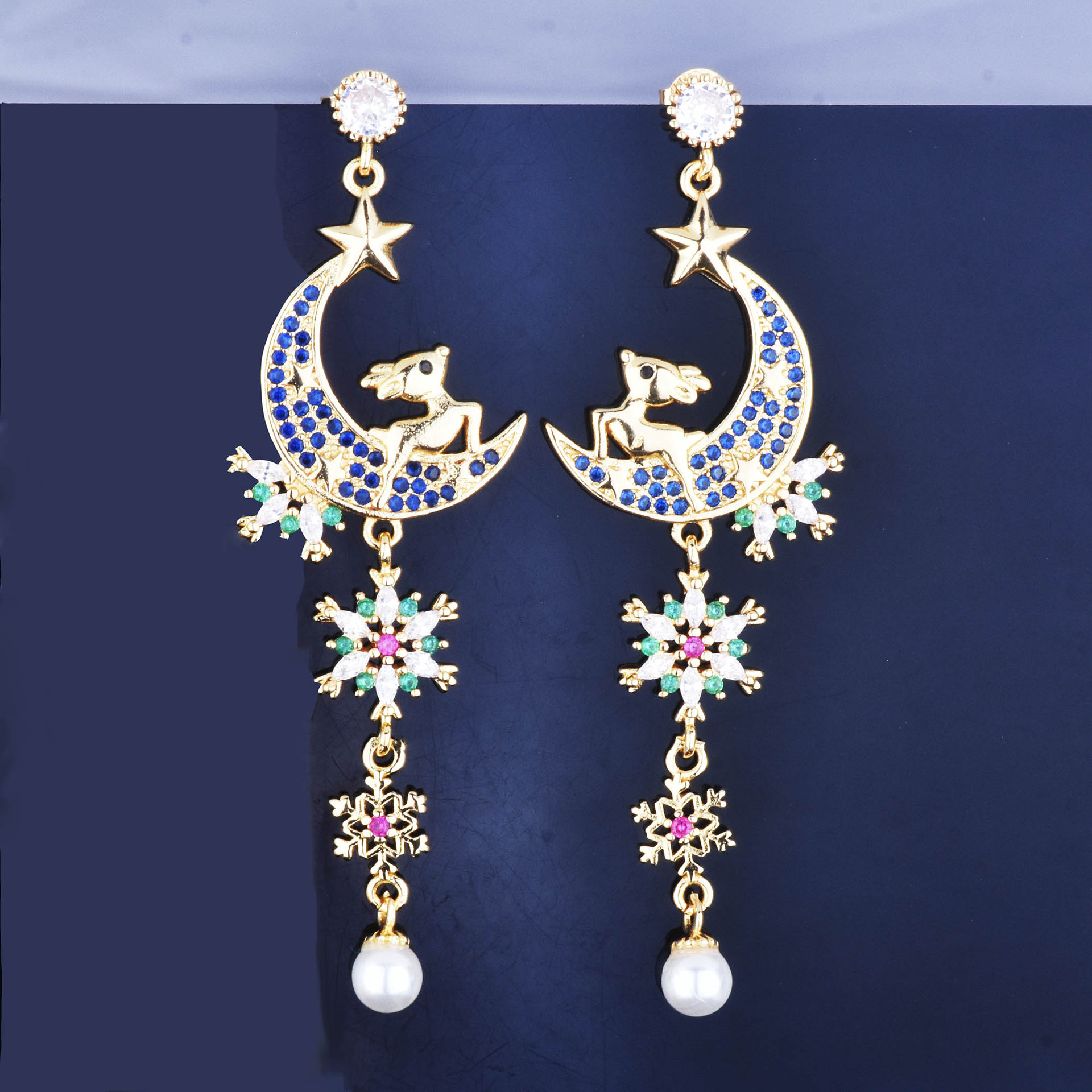 Retro Blue Zircon Long Snowflake Earrings Pearl Star Moon Deer Earrings display picture 2