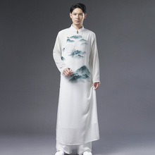 古风男装夏季薄款白色雪纺古装日常休闲长衫男民国演出中式禅茶服