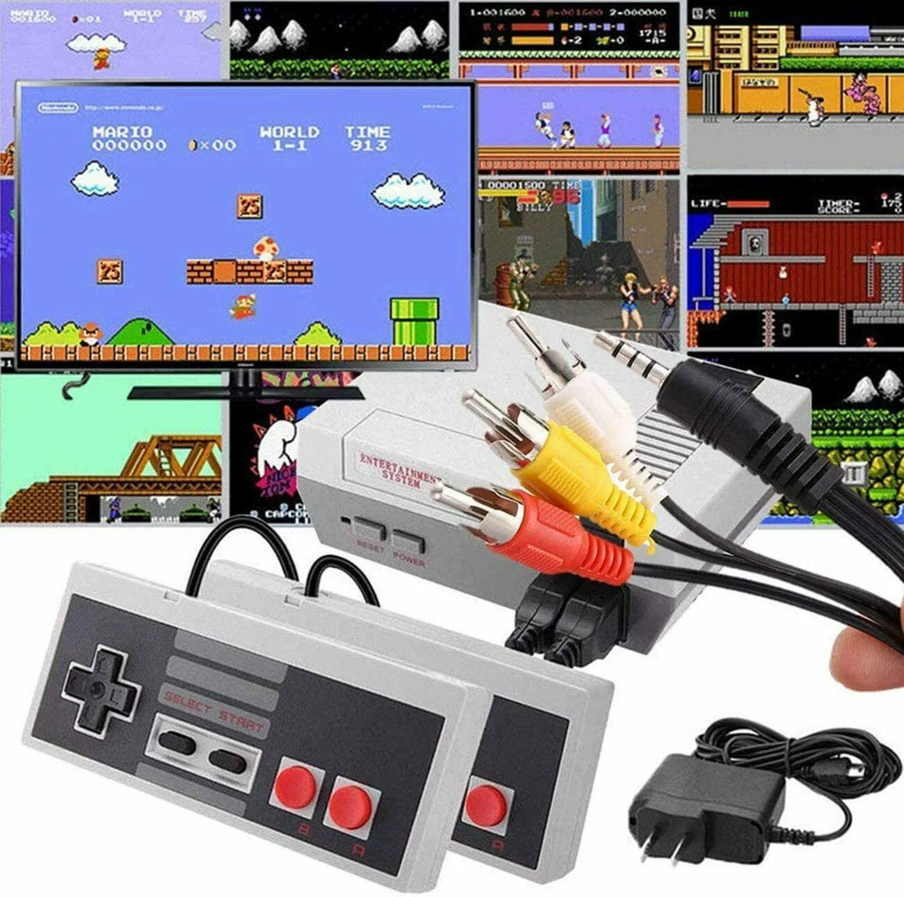 Retro NES mini game console, 8‑bit, 620 built‑in games, AV out, 2 wired controllers, regional power